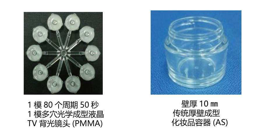 1模多穴光学成型 液晶TV背光镜头(PMMA) 和 传统厚壁成型 化妆品容器(AS)